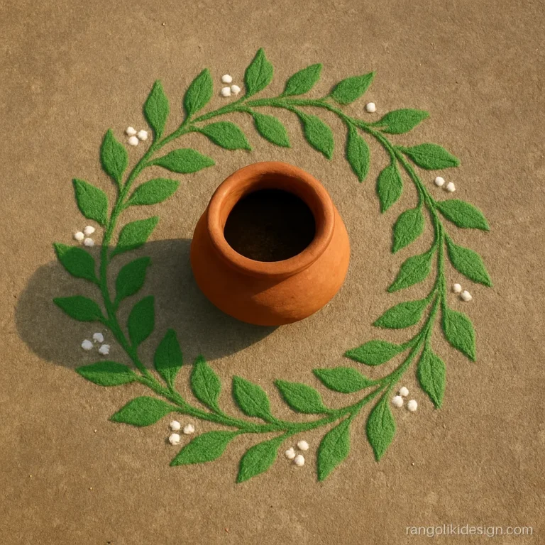 Small rangoli design around a tulsi pot with a ring of leaves