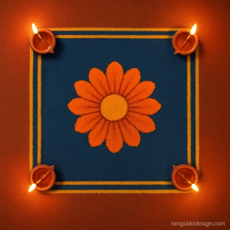 Easy square rangoli designs for Diwali with a diya in each corner