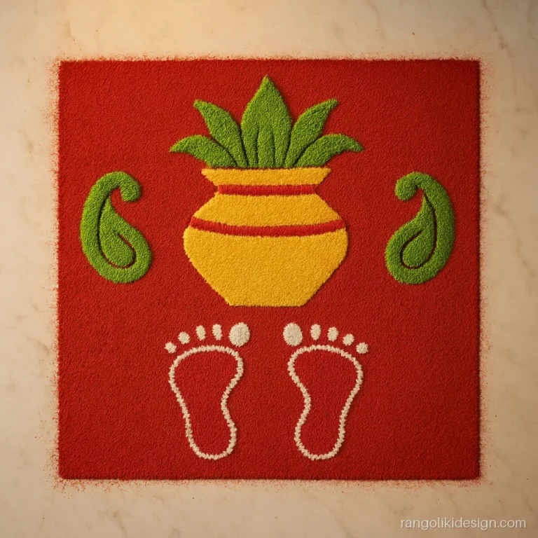 Square shape rangoli design for Diwali with a kalash and Laxmi charan footprints