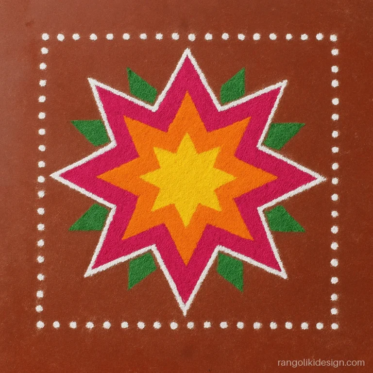Big square rangoli design with dots on a 13 by 13 grid with a star