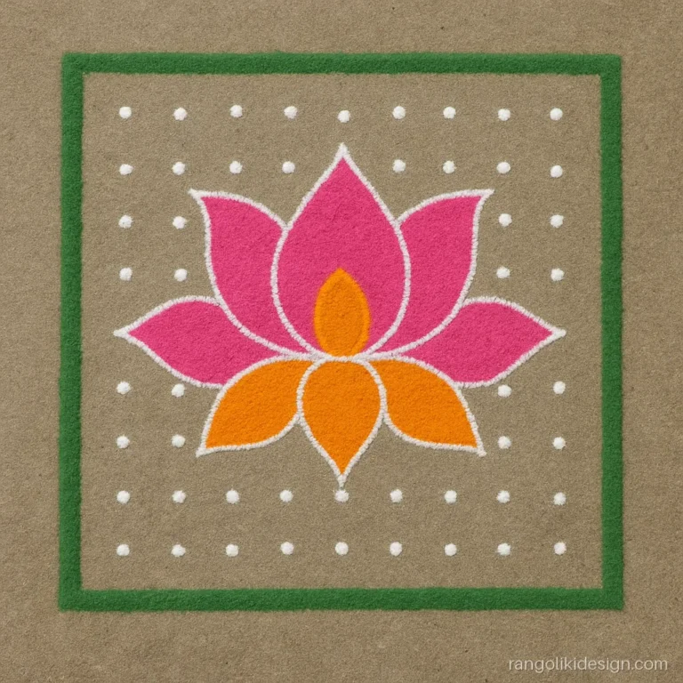 Square rangoli design with dots on a 9 by 9 grid with a lotus