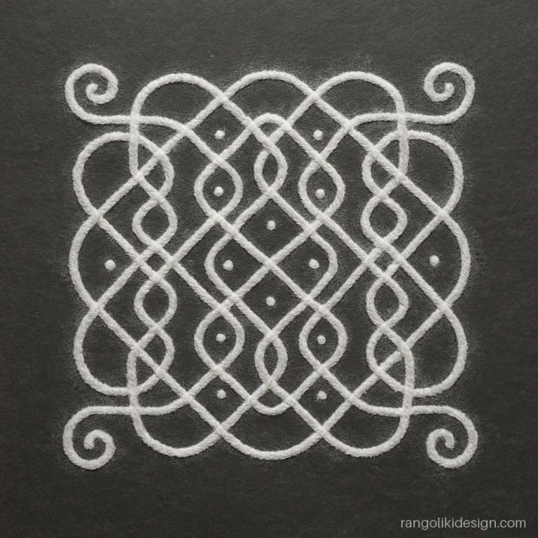 Square kolam style rangoli design with white loops on a 7 by 7 dot grid