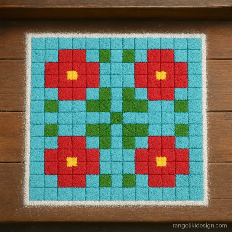 Square rangoli designs with dots filled like pixels to form flowers