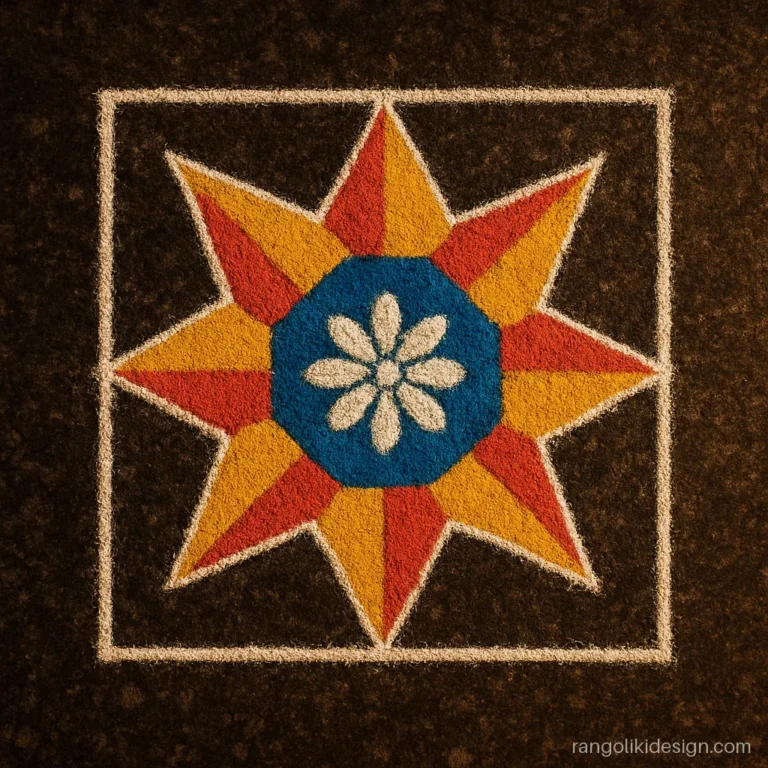 Star rangoli design with an eight-point star inside a square frame
