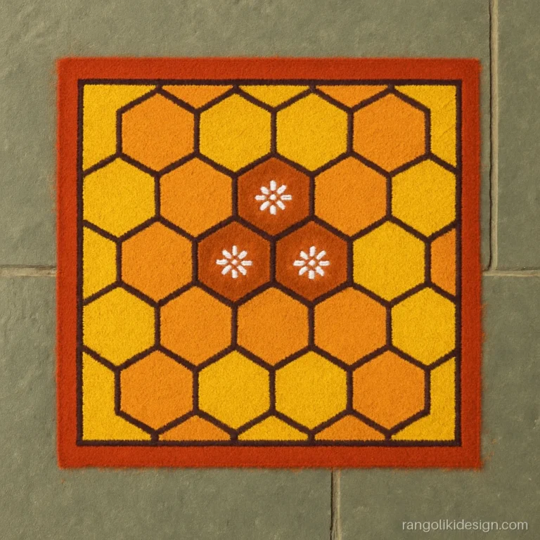 Easy geometric rangoli designs with a honeycomb of hexagons in a square