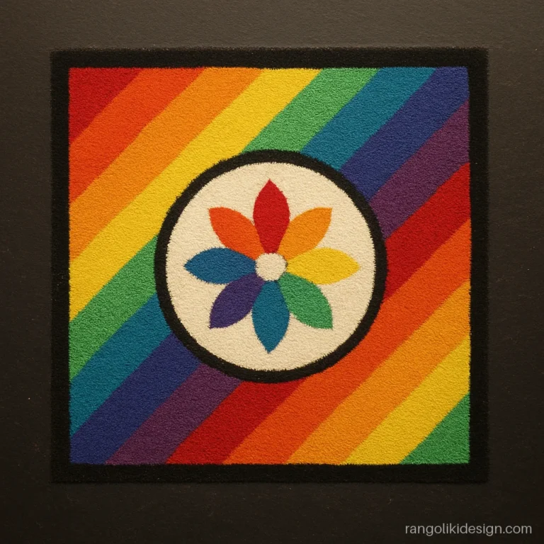 Geometric rainbow rangoli design with diagonal stripes and a white circle