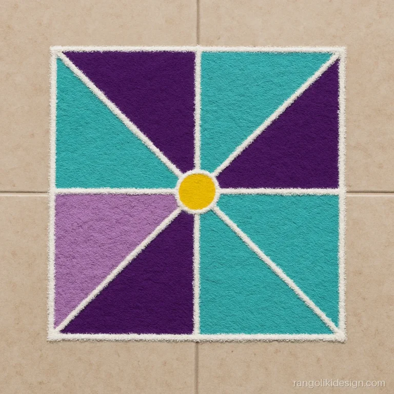 Triangle rangoli designs with colours in a pinwheel pattern inside a square