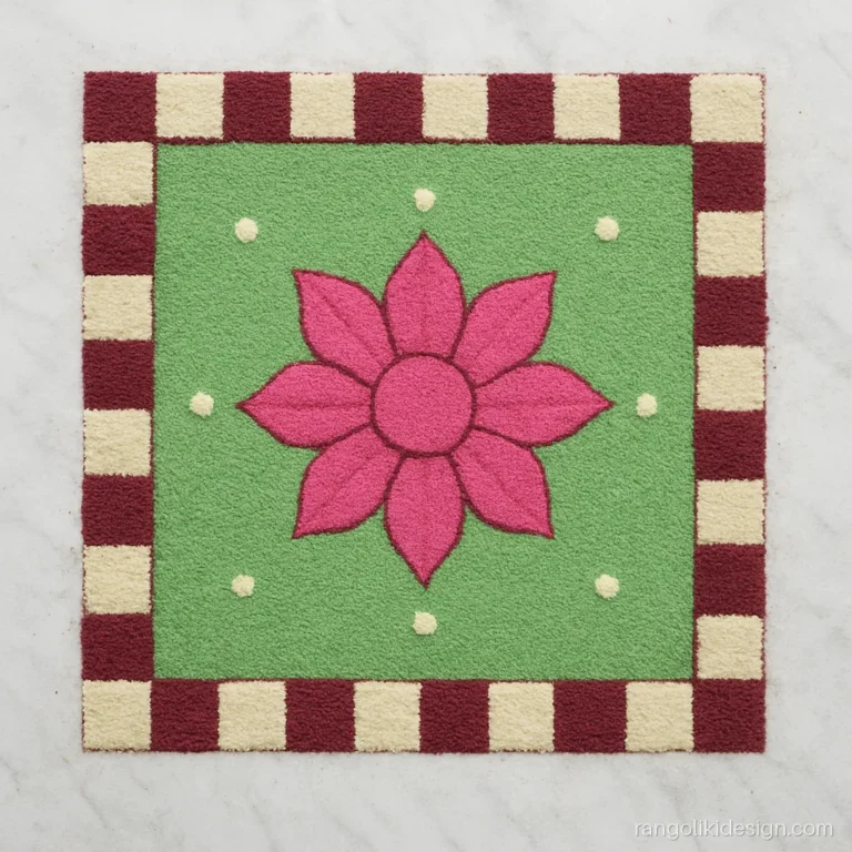Easy square rangoli design with a checkerboard border and a lotus centre
