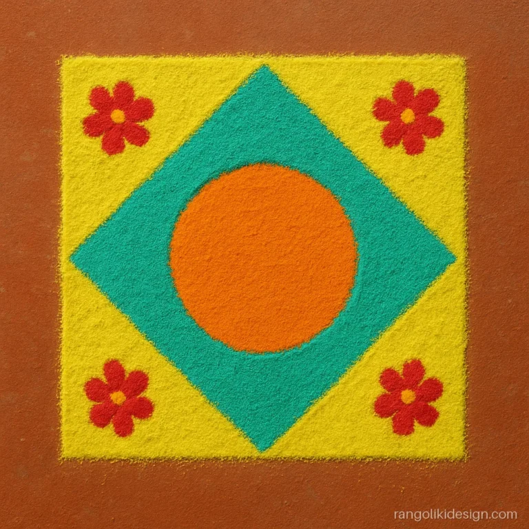 Square rangoli designs simple with a diamond inside a square and corner flowers