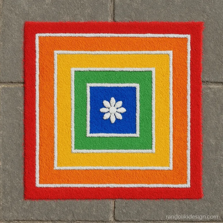 Square rangoli designs with colours in five nested squares from red to blue