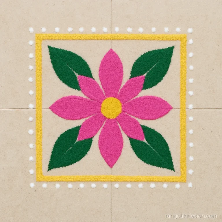 Small square rangoli design with a pink flower on a single floor tile