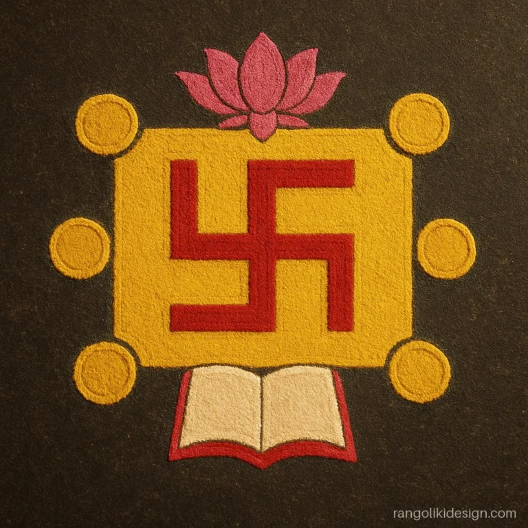Rangoli designs with swastik and gold coins for chopda pujan