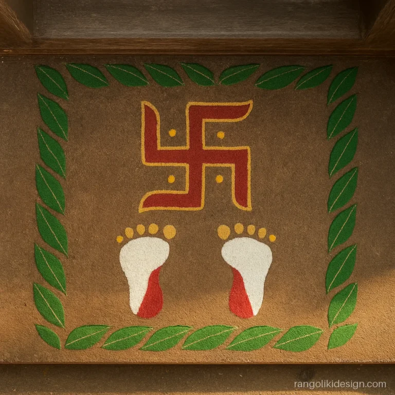 Swastik rangoli design for Diwali with Laxmi charan footprints walking inside