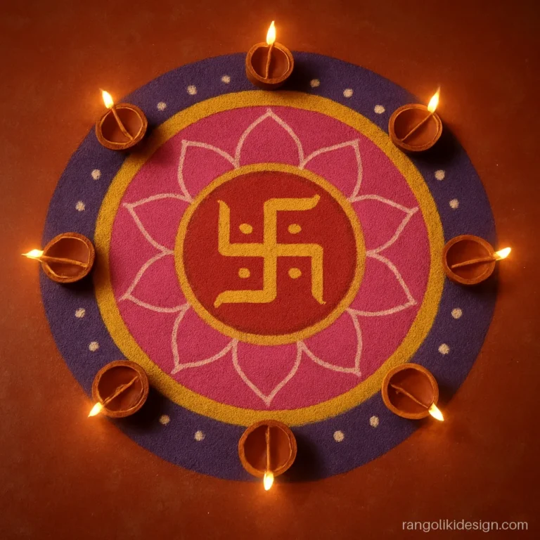 Swastik rangoli designs for Diwali with eight diyas around a lotus base