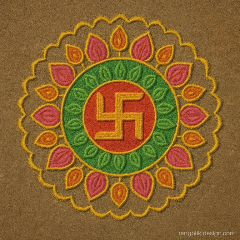 Swastik rangoli designs for Diwali with colours in a mandala ring