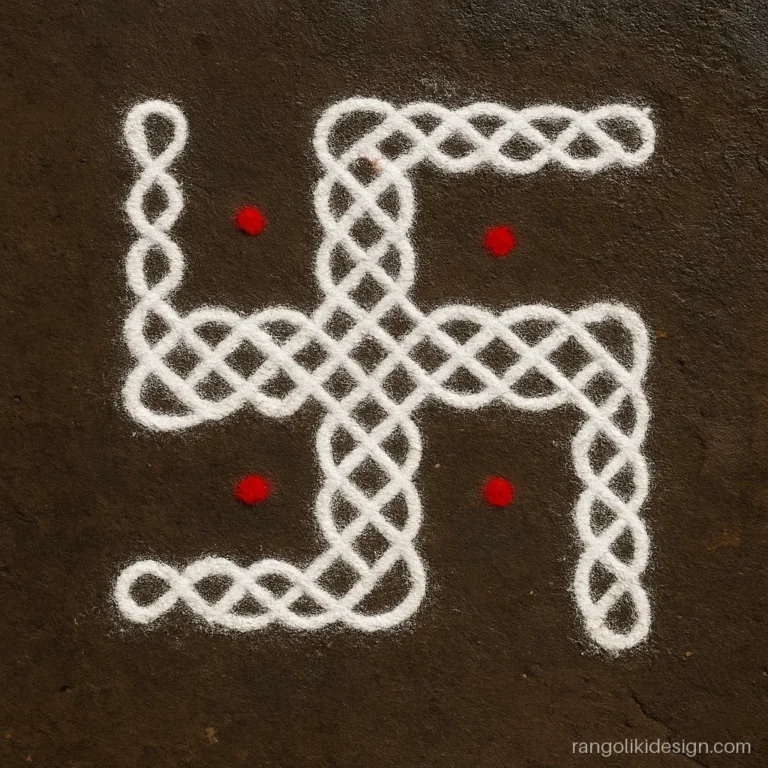 Swastik rangoli with kolam loops around dots in white rice flour