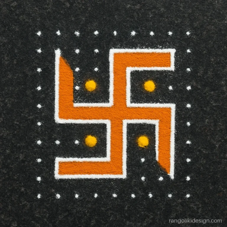 Swastik rangoli designs with dots on a 7 by 7 grid filled in orange