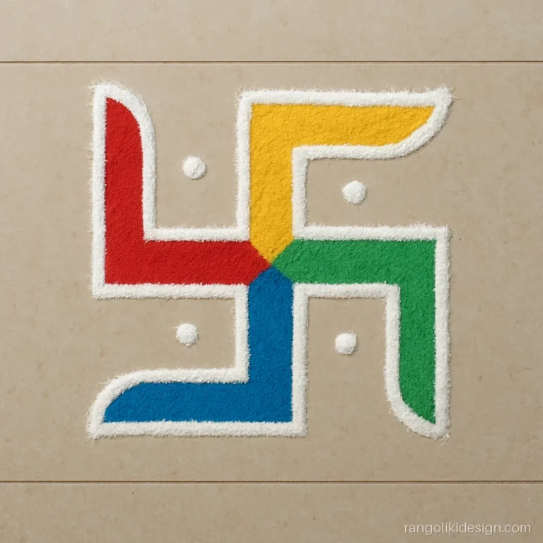 Easy swastik rangoli design with dots and four arms in four colours