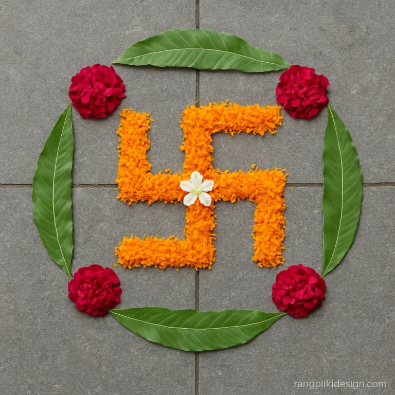 Flower rangoli design of a swastik in marigold and rose petals