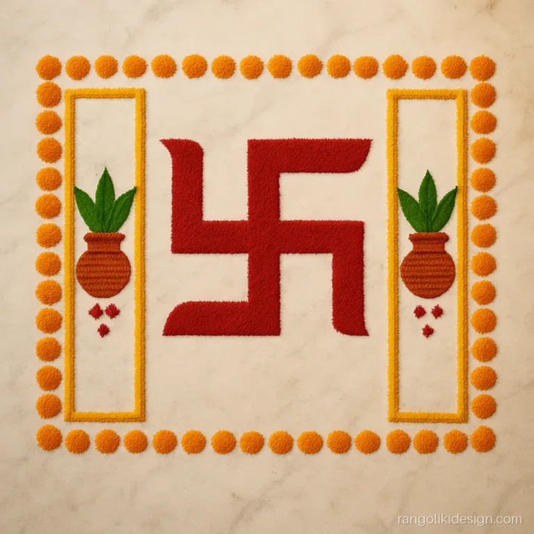 Shubh labh rangoli designs with a swastik between two decorated side panels