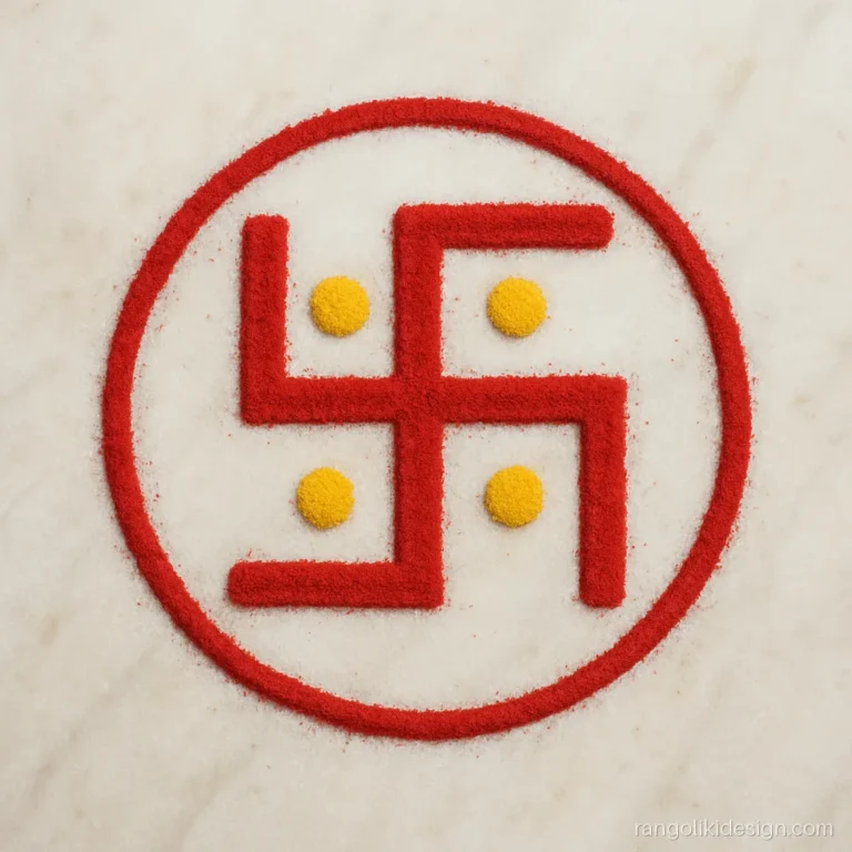 Simple swastik rangoli design in red kumkum with four yellow dots
