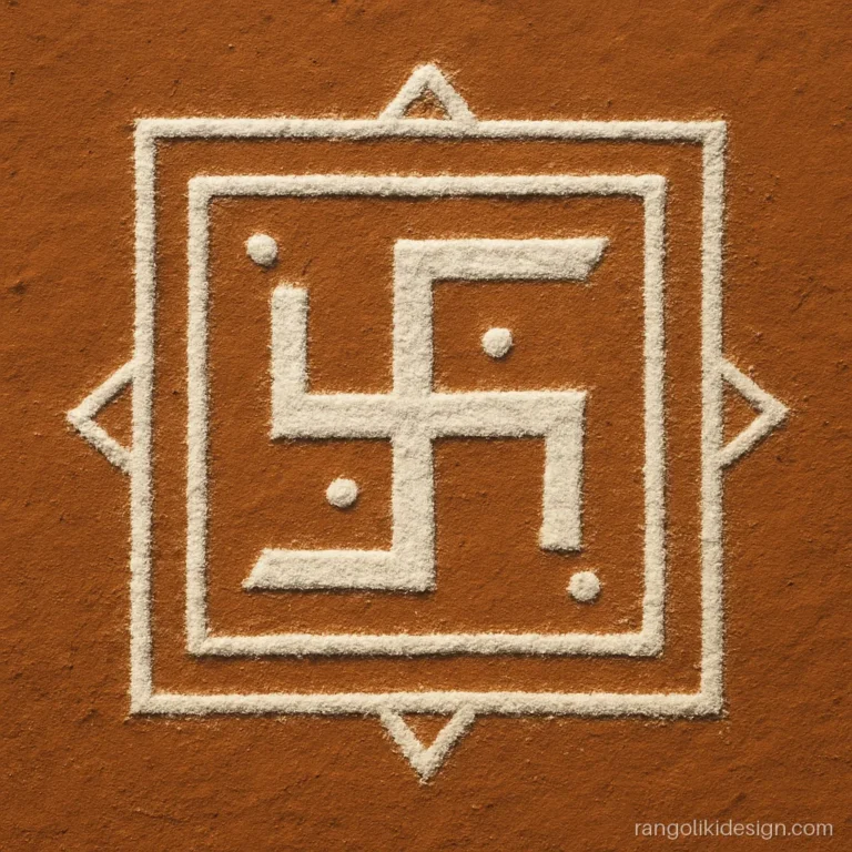 Simple swastik rangoli on a gerua mud floor with a square white frame