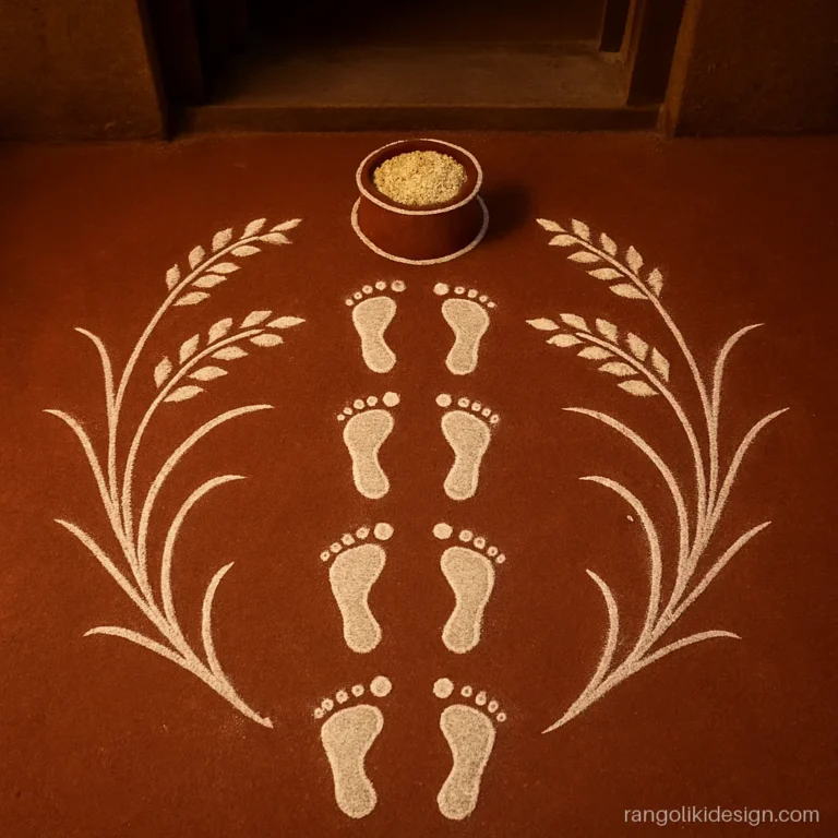 Traditional alpana design with Laxmi footprints and paddy stalks leading into a home