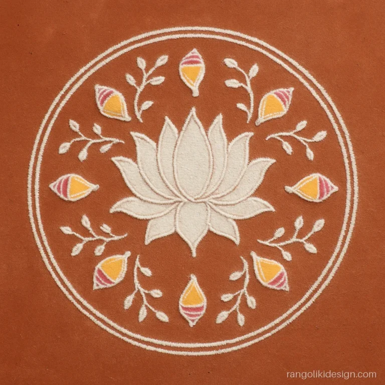 Alpana rangoli design with a white lotus and conch border on a red floor