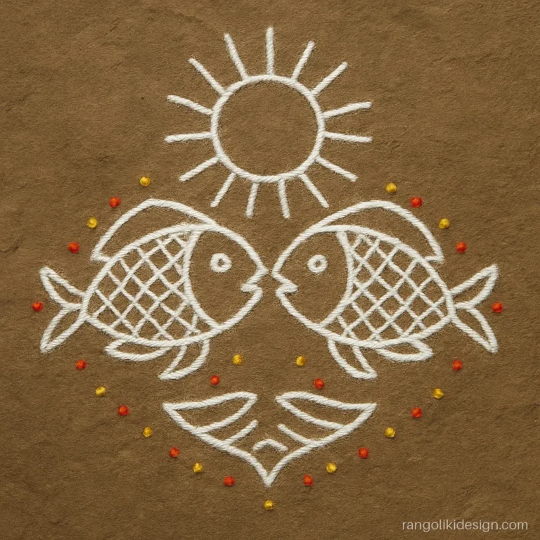 Aripan rangoli design from Bihar with two fish and a sun