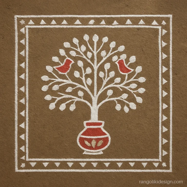 Old rangoli design in aripan style with a tree of life inside a square