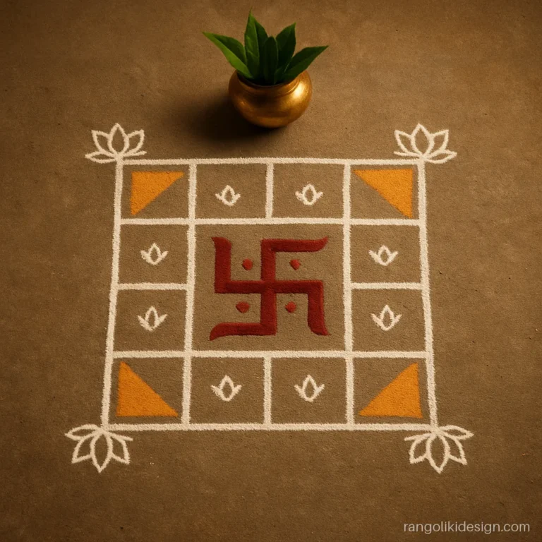 North indian rangoli design, chowk purana in flour with a swastik grid
