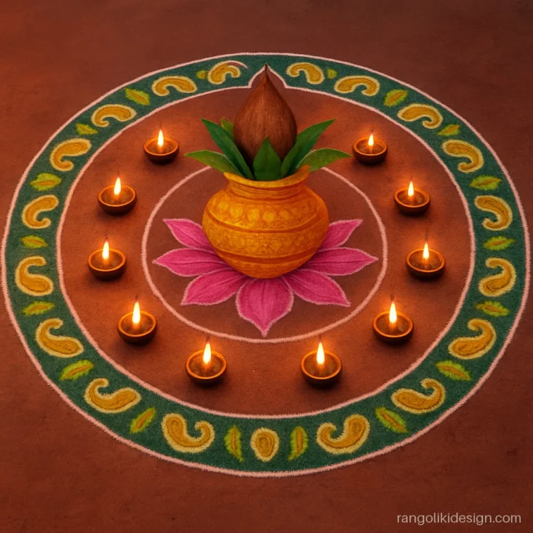 Beautiful traditional big rangoli design with a kalash on a lotus for Diwali