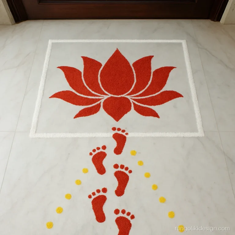 Traditional diwali rangoli design with Laxmi charan entering a square chowk