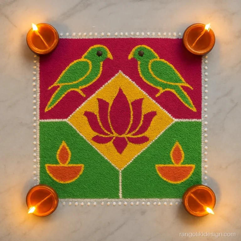 Gujarati rangoli design with a square chowk of diyas and bright colours