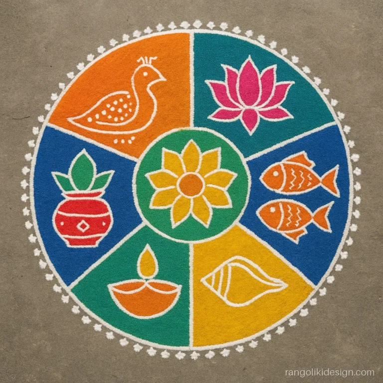 Indian culture rangoli design with a mandala of regional motifs