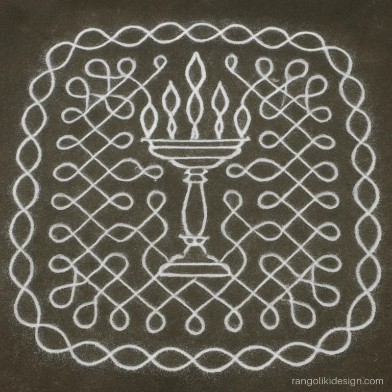 Traditional Tamil Nadu kolam with dots around a temple lamp motif