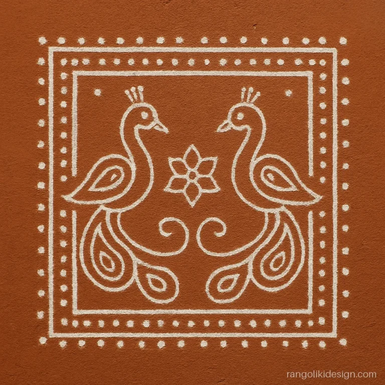 Rajasthani mandana rangoli design with peacocks in white on red gerua