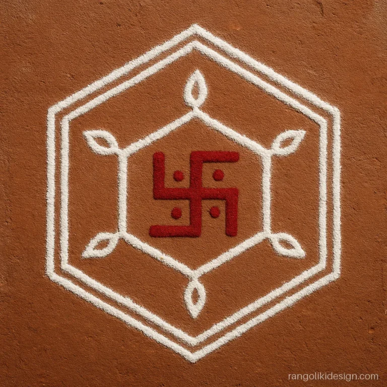 Traditional rangoli design for Diwali in mandana style with a swastik in a hexagon