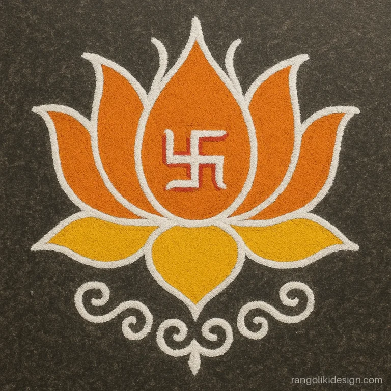 Marathi rangoli design with five-finger strokes forming a lotus and swastik