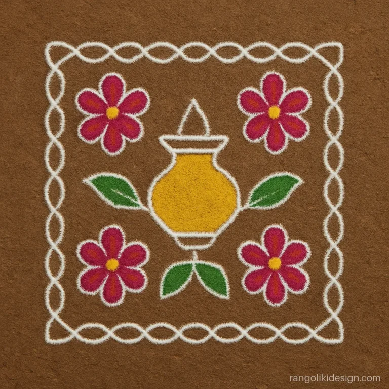 South indian rangoli design in Telugu muggulu style with colour and dots
