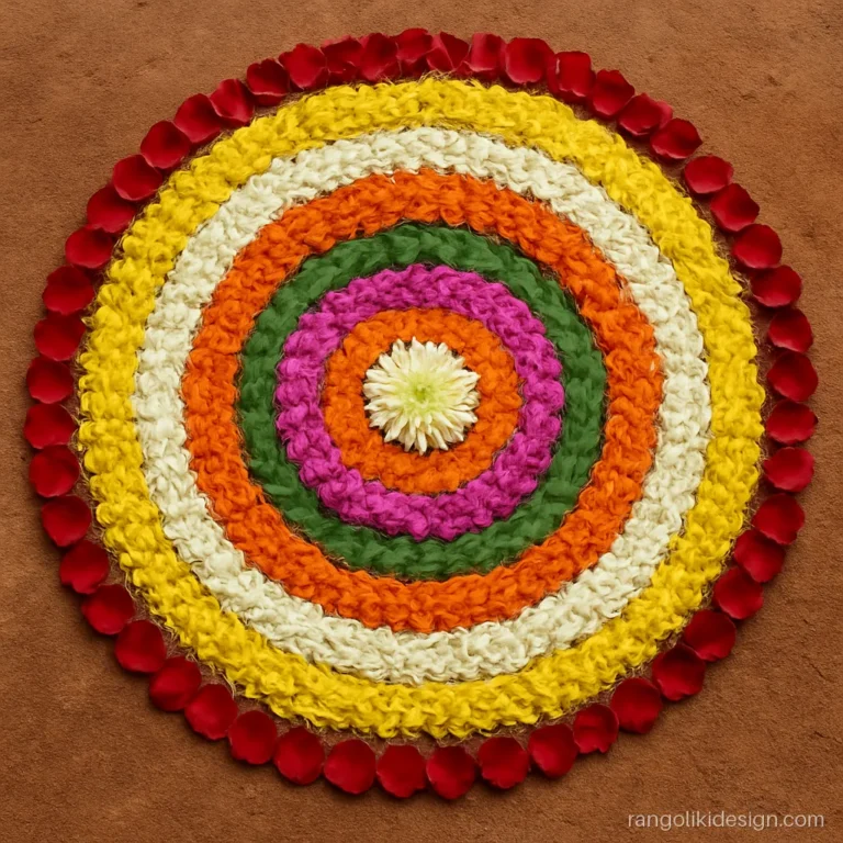 Traditional kerala pookalam with eight rings of flowers and leaves