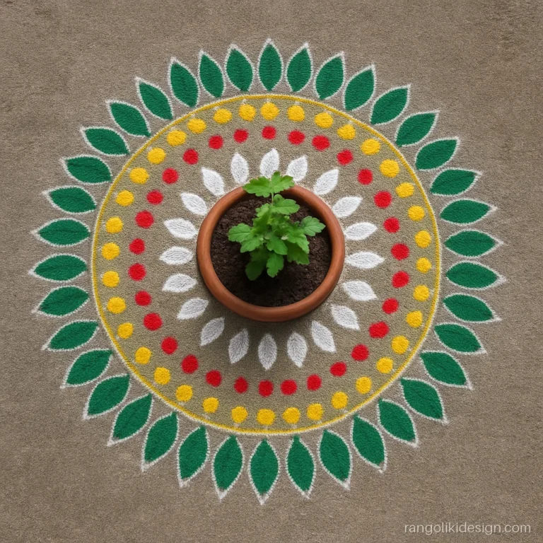Small rangoli around tulsi pot in a ring of leaves and dots