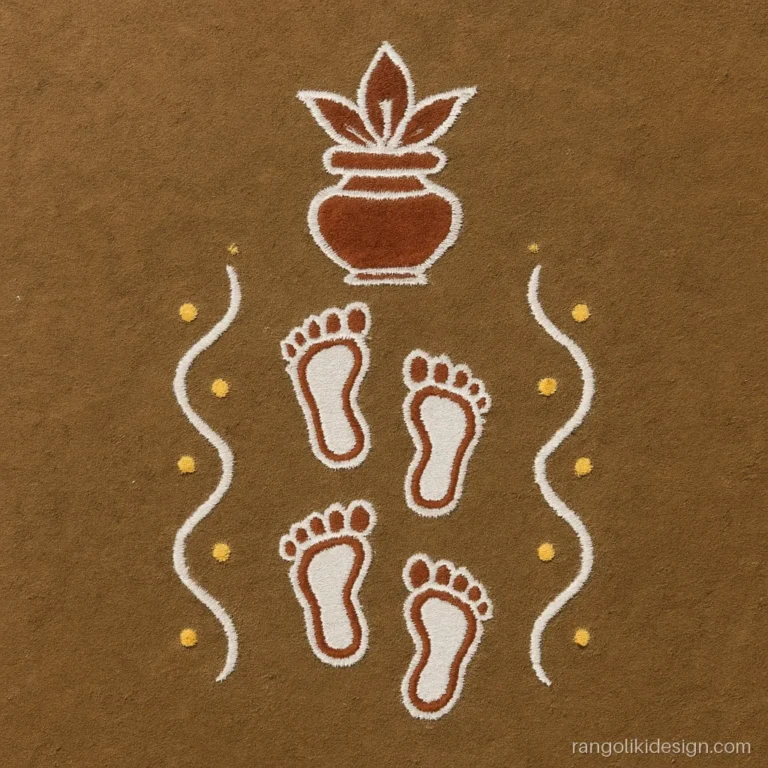 Dev Uthani Ekadashi rangoli with Vishnu footprints walking towards a tulsi pot