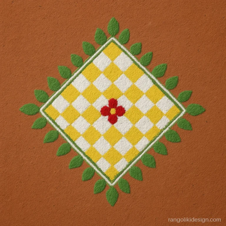 Tulsi rangoli designs with dots on a 9 to 5 grid with a tulsi leaf border