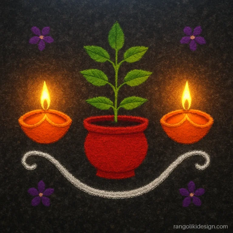 Simple tulsi rangoli designs with dots, a tulsi plant between two diyas