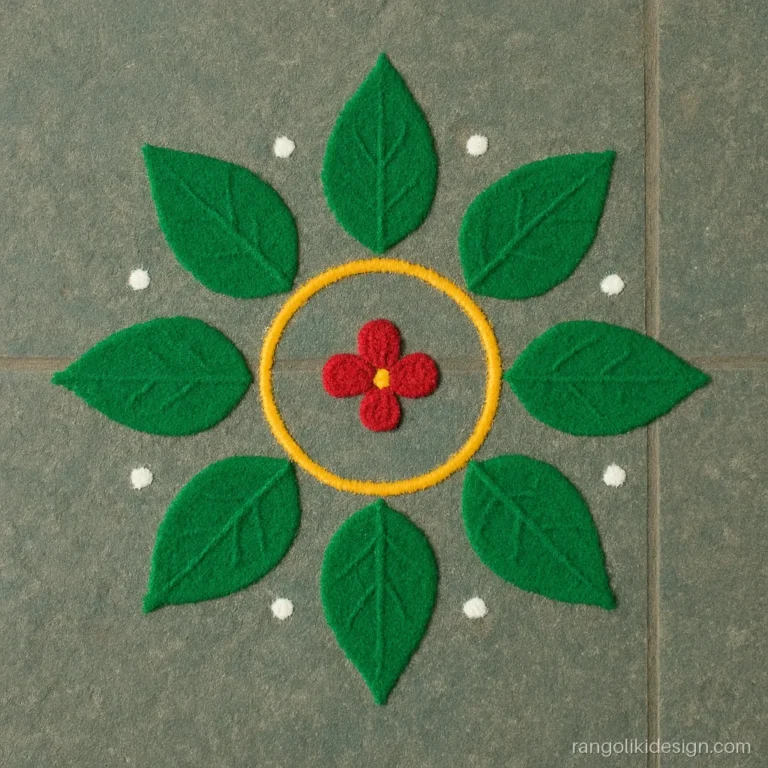 Easy tulsi rangoli designs with dots forming a star of tulsi leaves
