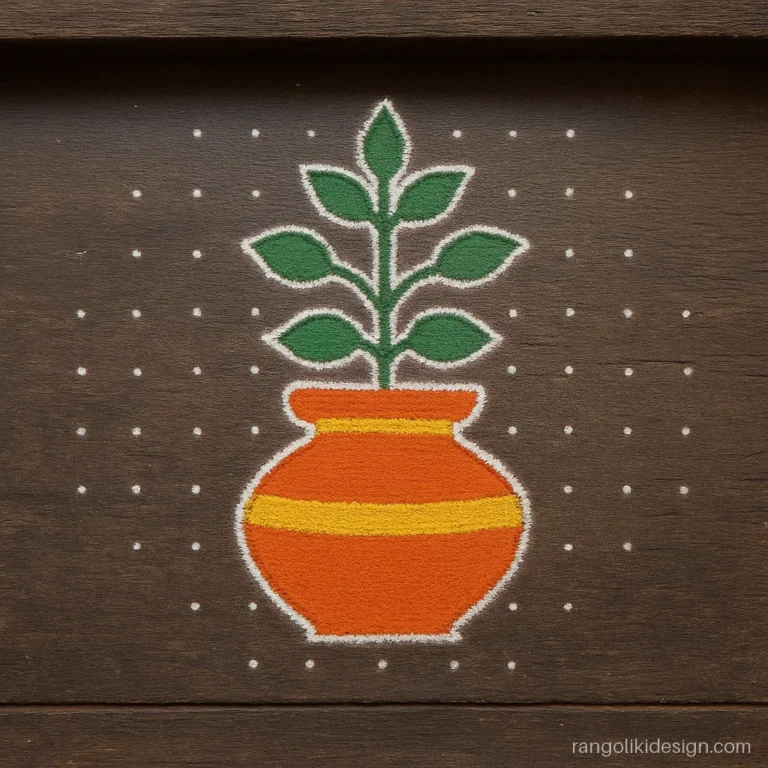 Tulsi rangoli design with dots of a tulsi pot on an 11 to 6 grid