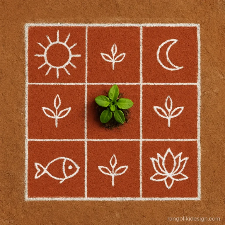 Tulsi rangoli design in geru and white chalk squares for Dev Uthani Ekadashi