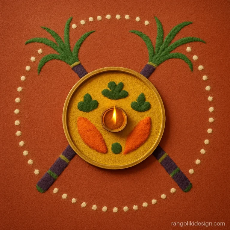 Ekadashi tulsi vivah rangoli with sugarcane, water chestnuts and a puja plate drawn