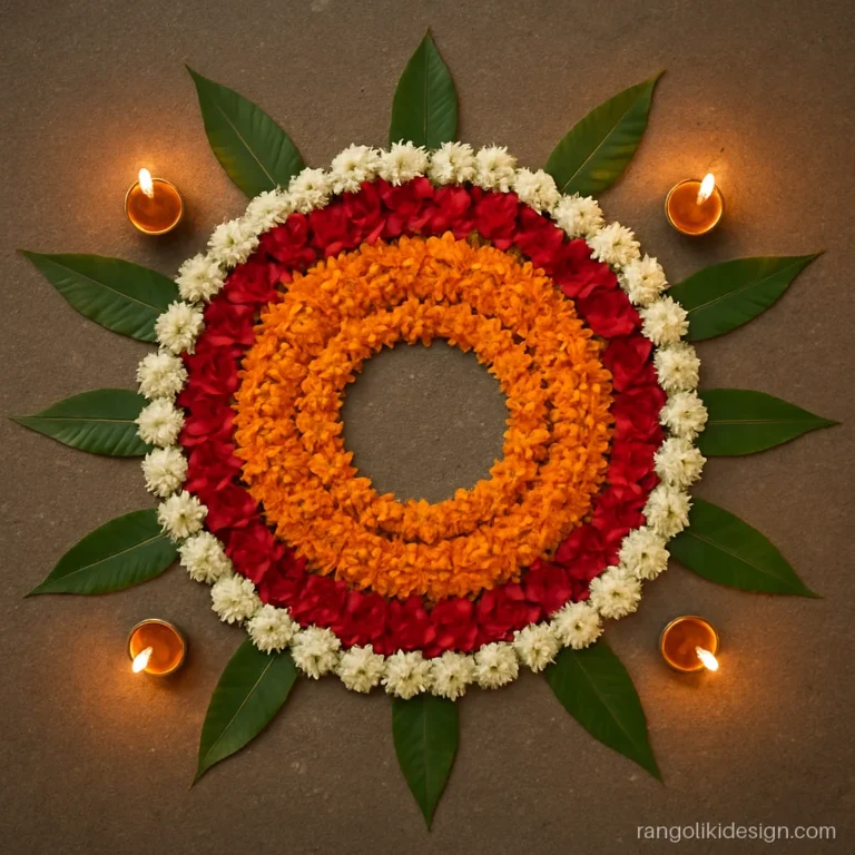 Tulsi vivah rangoli easy enough for beginners, marigold and rose petals around the pot